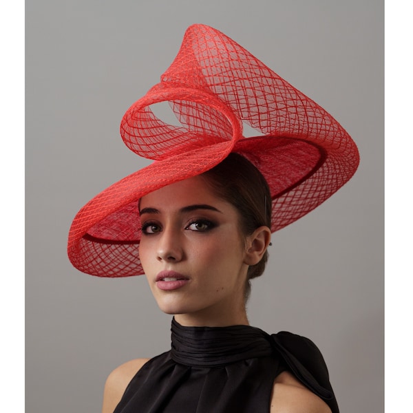 Red Kentucky derby hat, veil hat red, Red Ascot hat, wedding hat red, derby hats for women, tea party hat,race day hats, original hat big