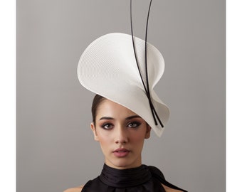 Elegant White and black fascinator, white wedding hat,White Royal Ascot hat, Races women's hats, Kentucky derby hat black,White cocktail hat