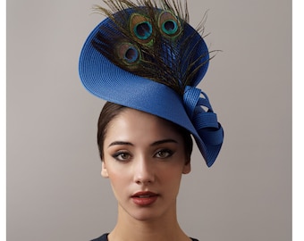 Royal blue peacock derby fascinator hat, Blue oaks derby hat, feathers Royal Ascot hat, peacock ladies hat, women derby hat electric blue