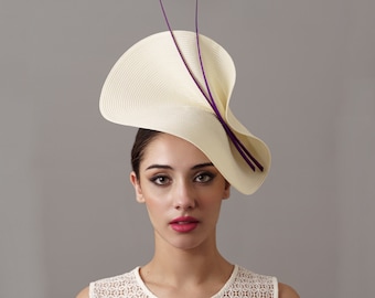 Ivory and Purple Royal Ascot hat woman, Kentucky derby fascinator, Cream Tea Party hat ladies, Violet wedding hat, Purple derby hat woman