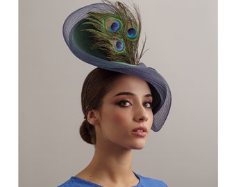 May include: A blue and green hat with a peacock feather design. The hat is made of a woven material and has a wide brim.