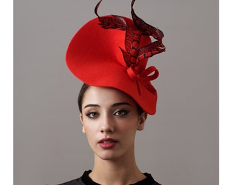 Red Wool Felt Fascinator With Unique Bow, Red Woll Felt  display picture 1