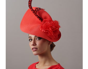 Red feathers hat woman, Kentucky derby hat, Red wedding hat, Red Horse race hat, Melbourne Fascinator, Tea Paty hat red, derby fascinator