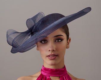 Marineblauer Hochzeitshut mit Schleier und Schleife, Kopfbedeckungen und Hüte für Hochzeiten, origineller und eleganter Hut, blaue Hochzeitshüte für Patinnen