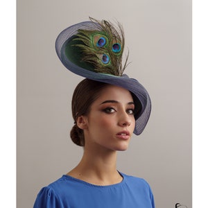 Green wedding hat with feathers,Navy blue women horse racing hat,Kentucky derby hat,Ascot ladies hat,Peacock fascinator large,Navy headpiece