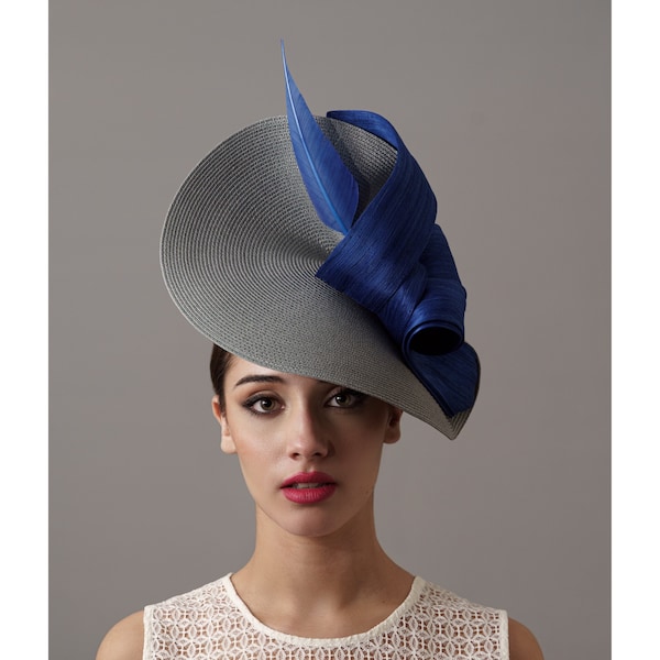 Coiffe de marraine de mariage élégante grise et bleue, chapeau d’invité de mariage bleu parfait, coiffe de mère de mariée bleue, coiffe personnelle