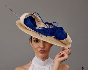 Ladies day Ascot races hat royal blue, Kentucky derby hat beige, Woman wedding hat mother groom, Kate Middleton hat, Ascot hat for woman