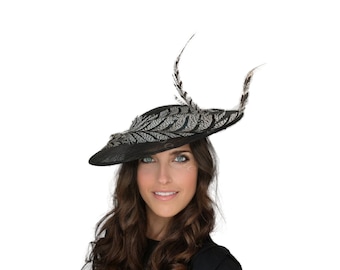 Black and white derby hat, black wedding hat, black Ascot hat, feathers hat black, white races hat, hat with feathers,Black womens derby hat
