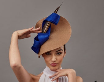 Kentucky derby hat royal blue women - electric blue Ascot hat - beige blue large fascinator feathers - derby fascinator - women wedding hat