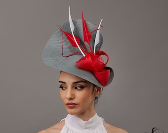 Original Coiffure de mariage rouge et gris avec plumes, coiffure d'invité de mariage rouge, chapeau de mariage rouge et gris, chapeau de marraine de mariage rouge