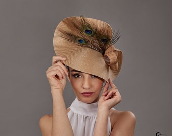 Beige fascinator hat for woman with Peacock feathers, Camel wedding hat woman, Kentucky derby hat peacock, Ladies Luncheon hat horse races