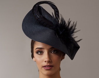 Feather fascinator navy blue - navy blue hat - navy wedding hat - dark blue ascot hat - blue races hat - navy derby hat - feathers hat