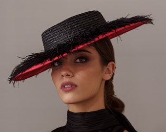 Red and black Royal Ascot hat for woman, Red feathers wedding hat, ladies derby hat black, luncheon hat red, Church hat woman, occasion hats