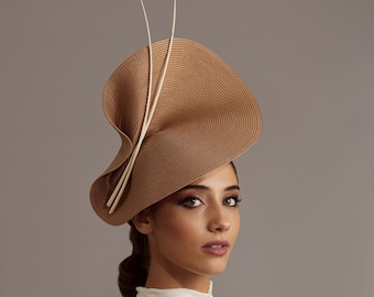 Beige and cream fascinator for Royal Ascot races, Women Kentucky derby hat gold, Cream wedding hat, Camel Tea Party hat, Gold feather hat