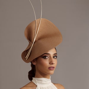 Beige and cream fascinator for Royal Ascot races, Women Kentucky derby hat gold, Cream wedding hat, Camel Tea Party hat, Gold feather hat