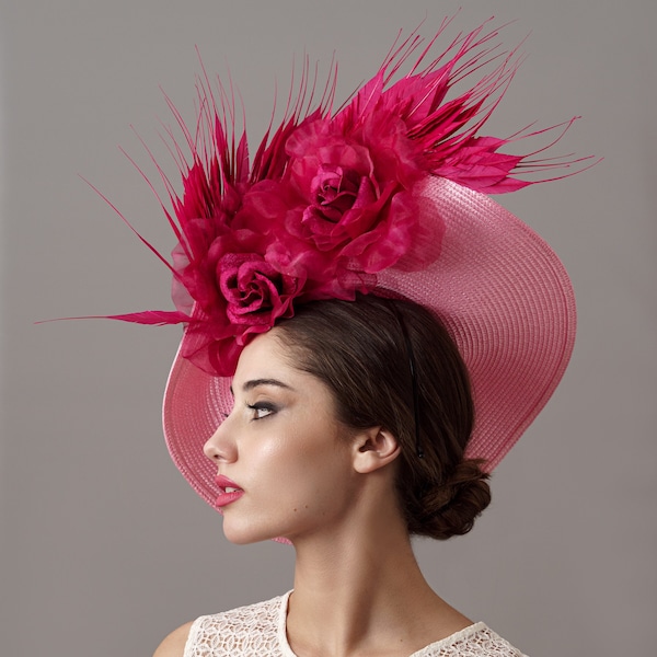 Original Kentucky derby hat pink with feathers, Women Pink Oaks hat, Ladies day hat fuchsia, Royal Ascot feathers hat, women derby hat Epsom