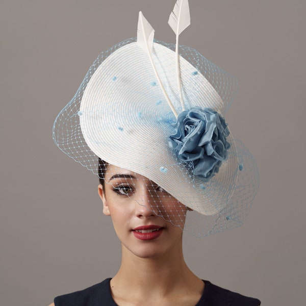 Light blue and white big veil derby fascinator, Pale blue woman wedding hat, Sky blue and white Ascot fascinator hat,Bride party fascinator