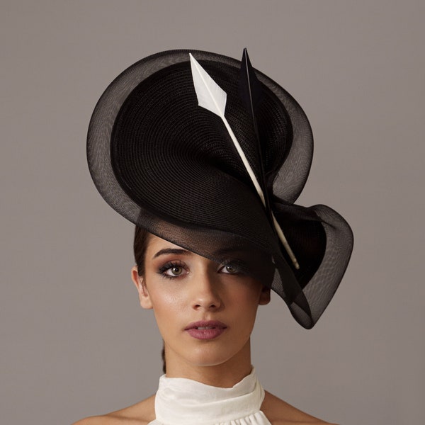 Black Woman Ascot Races hat, Kentucky derby hat with veil, Large fascinator black, Black Dress hat for special Occasion, Black Wedding hat