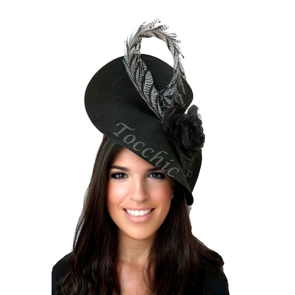 Black fascinator with feathers, Black Ascot fascinator hat, women derby fasciantor hat, tea party fascinator black, Ladies Black wedding hat