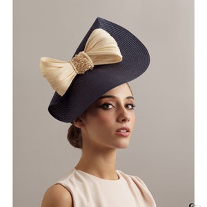 Woman Navy blue wedding fascinator, Melbourne cup hat, mother of the groom hat, Tea Party hat with a bow, Ascot races ladies hat blue large