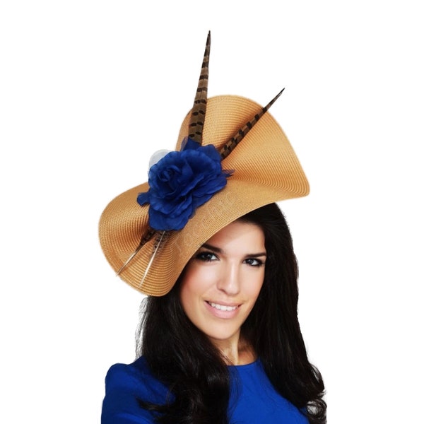 Gold and royal blue fascinator, blue kentucky derby hats, gold feather hat, wedding fascinator, women races hats, Royal blue Royal Ascot hat