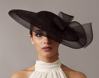 Schwarzer Hochzeitshut, Hut mit Schleier und Schleife, Kopfbedeckungen und Hüte, origineller und eleganter Hut, Hochzeitsgasthüte, Brautjungfernhüte