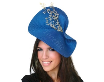 Royal blue fascinator, Kentucky derby hat Royal blue, Ascot hat blue, Electric blue wedding hat, Ascot fascinator hat gold,Blue cocktail hat