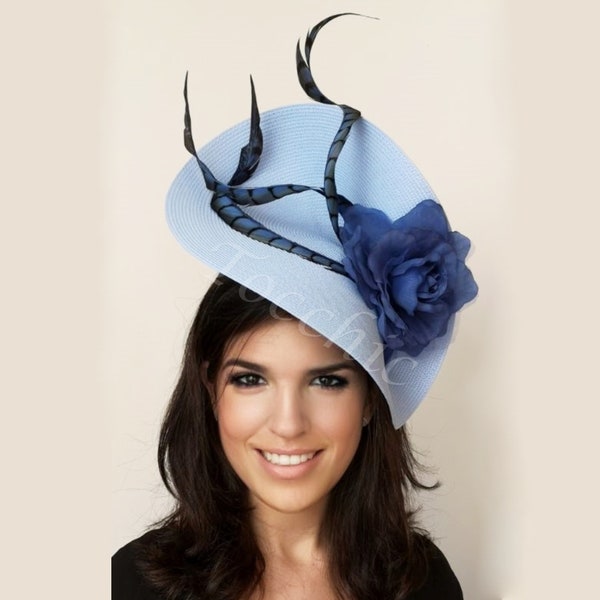 Pale blue fascinator, light blue hat, royal blue ascot hat, electric blue fascinator, blue wedding hat, pale blue derby hat, blue races hat