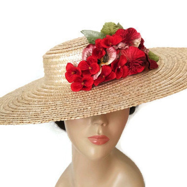 Woman Straw sun hat with red flowers, straw boater hat, kentucky derby hat, flower races hat red, red floral church hat, wide brim hat lady