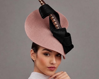 Women's hats for wedding guest nude pink and black feather - Kentucky derby hat ladies - Black Ascot fascinator - Black hat for the races