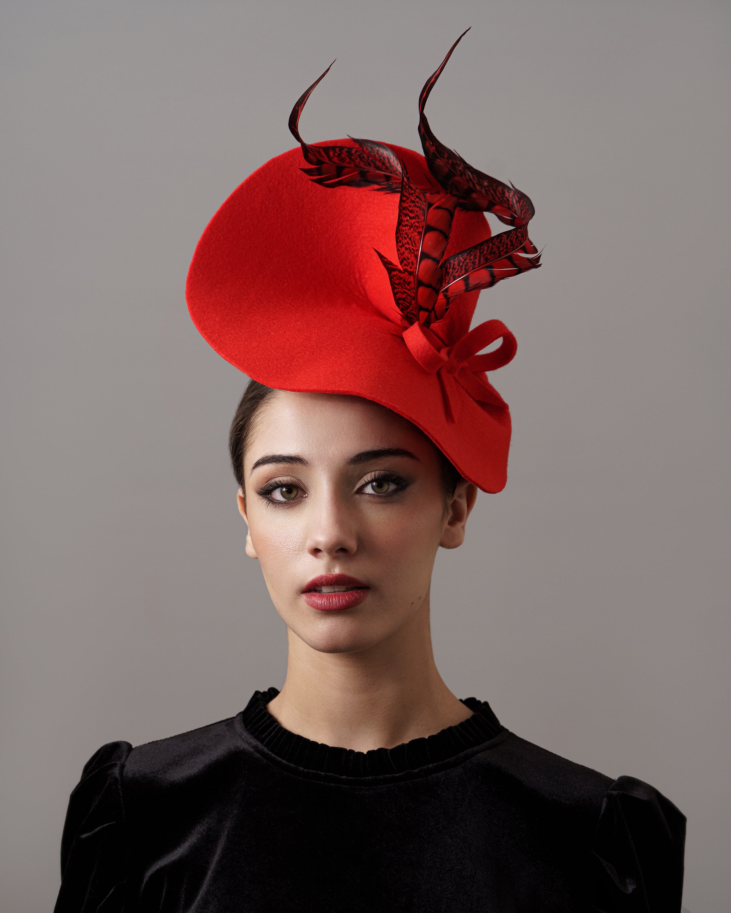 Women Red Felt Fascinator Hat With Feathers - Elegant Red 