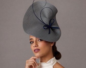 Elegant Woman formal dress hat grey and navy blue - Dark blue wedding fascinator - Derby saucer hat - Tea party bow hat- Mother of groom hat