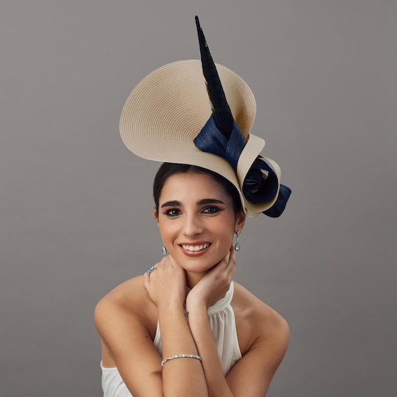 Royal Ascot Navy and Beige Hat - Beige and Navy Fascinator  display picture 3