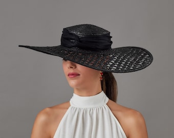 Black Royal Ascot hat with bow - woman Kentucky Derby black hat - Elegant black dress hat - Black wide brim hat - Black straw wedding woman