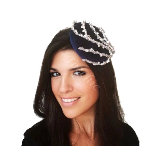 Navy and Silver Velvet Fascinator Hat 