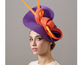 Tocado de boda con lazada naranja y morado para invitada en boda de mañana, Sombrero de boda naranja con plumas, Sombrero invitada de boda