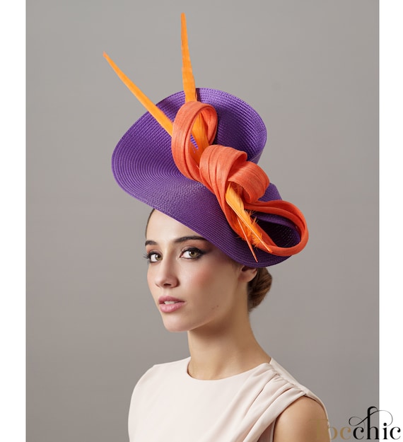 Tocado de boda con lazada naranja y morado para invitada en boda de mañana,  Sombrero de boda naranja con plumas, Sombrero invitada de boda -  México