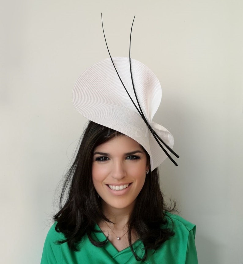 Elegant White and black fascinator, white wedding hat,White Royal Ascot hat, Races women's hats, Kentucky derby hat black,White cocktail hat 