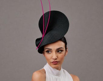 Kentucky derby hat for woman fucshia pink and black, Ladies Royal Ascot black hat, horse races woman hat, church wedding mother hat elegant