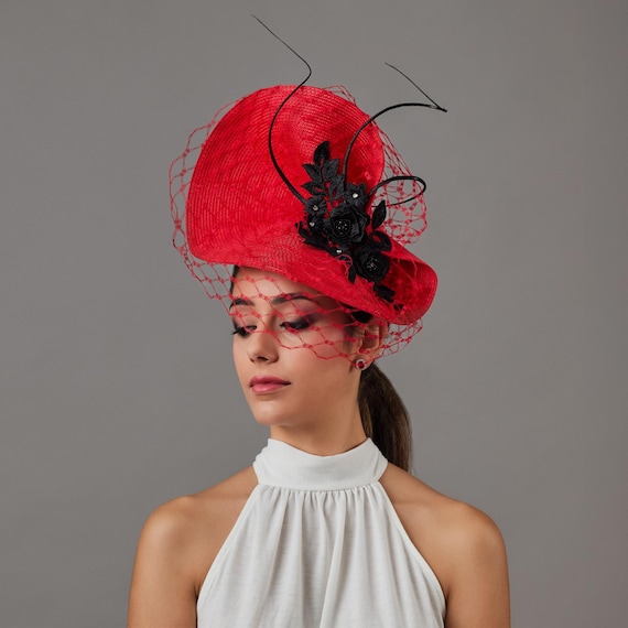 Elegant Red Fascinator with Black Accents Red w Black Wide Brim Kentucky Derby Hat, Church Hat  main image 4
