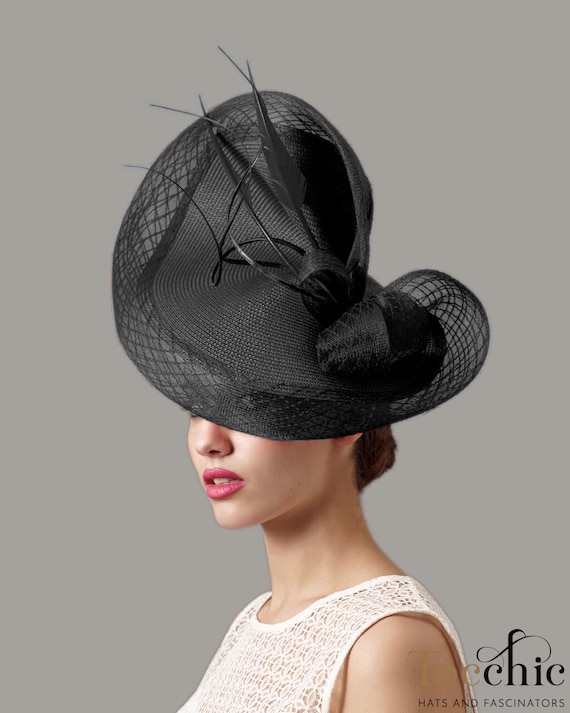 Elegante tocado invitada perfecta negro con velo y plumas - sombrero madrina boda negro - sombrero mujer invitada boda - Tocado madre novio