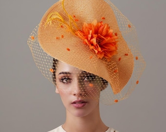Kentucky Derby woman fascinator orange and beige- Orange Ascot hat woman - Orange wedding hat - races hat - derby hat with veil beige camel