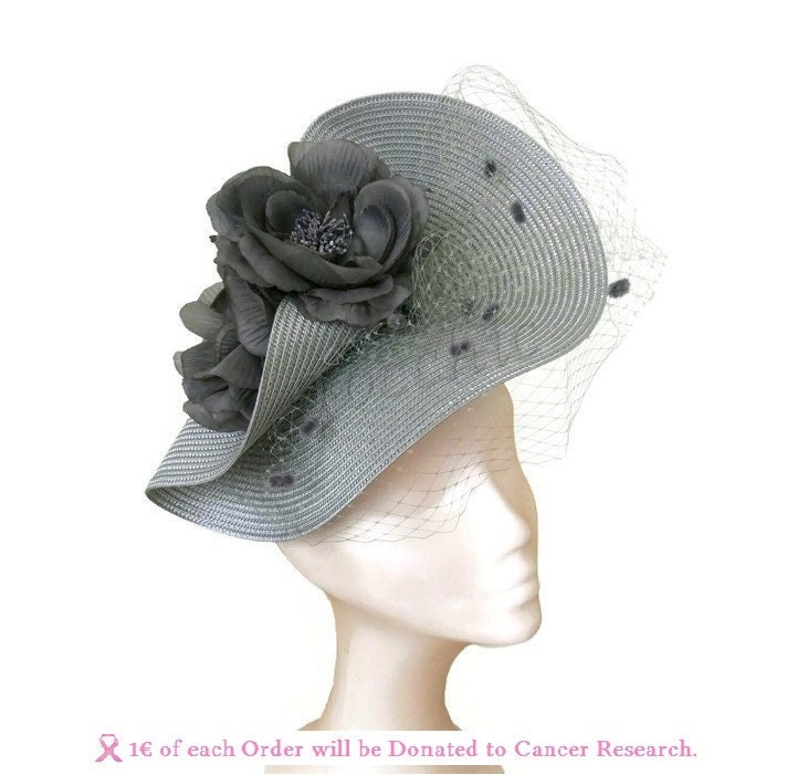 Grey Veil Fascinator With Flowers Gray 
