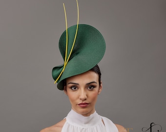Green and Yellow Derby Fascinator Hat - Dark Green Wedding  display picture 3