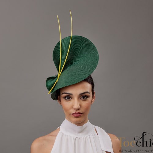 Green and Yellow Derby Fascinator Hat - Dark Green Wedding 