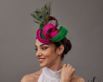 Woman wedding percher hat pink and green, peacock fascinator, blue green small fascinator, Derby fascinator feathers,Royal Ascot hat peacock