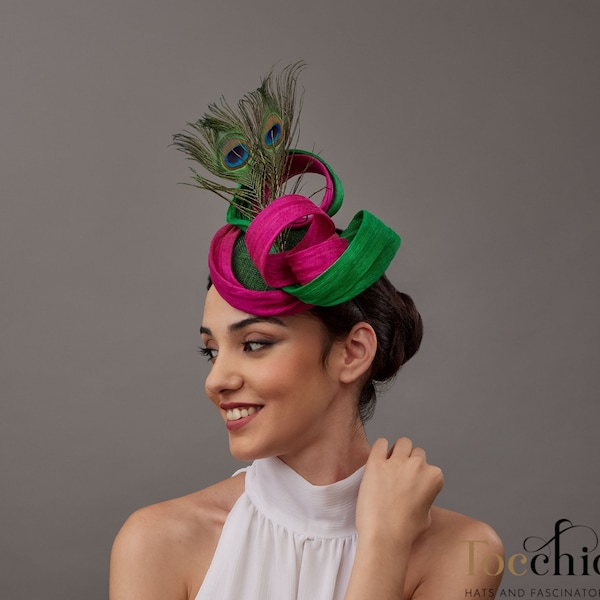 Woman wedding percher hat pink and green, peacock fascinator, blue green small fascinator, Derby fascinator feathers,Royal Ascot hat peacock