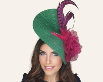 Green and pink fascinator, green wedding hat, green feathers fascinator, pink derby hat, green cocktail hat ladies, Women Ascot races hat