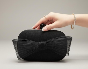 Black wedding bag with bow, small handbag black, black Kentucky derby bag, cocktail bag black, wedding guest bag black, black clutch bag