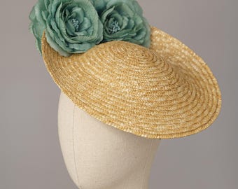 Beige and Light Teal Flower Hat - Straw Wedding Hat - Light  display picture 1